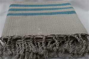 Peştemal - Kilim Koleksiyonu - Mavi çizgili bej Zincir desen 